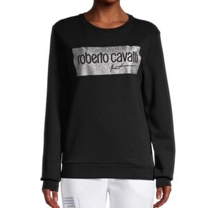 Roberto Cavalli Sport Metallic Logo Pullover Crew‎ Neck Black Sweatshirt- XS